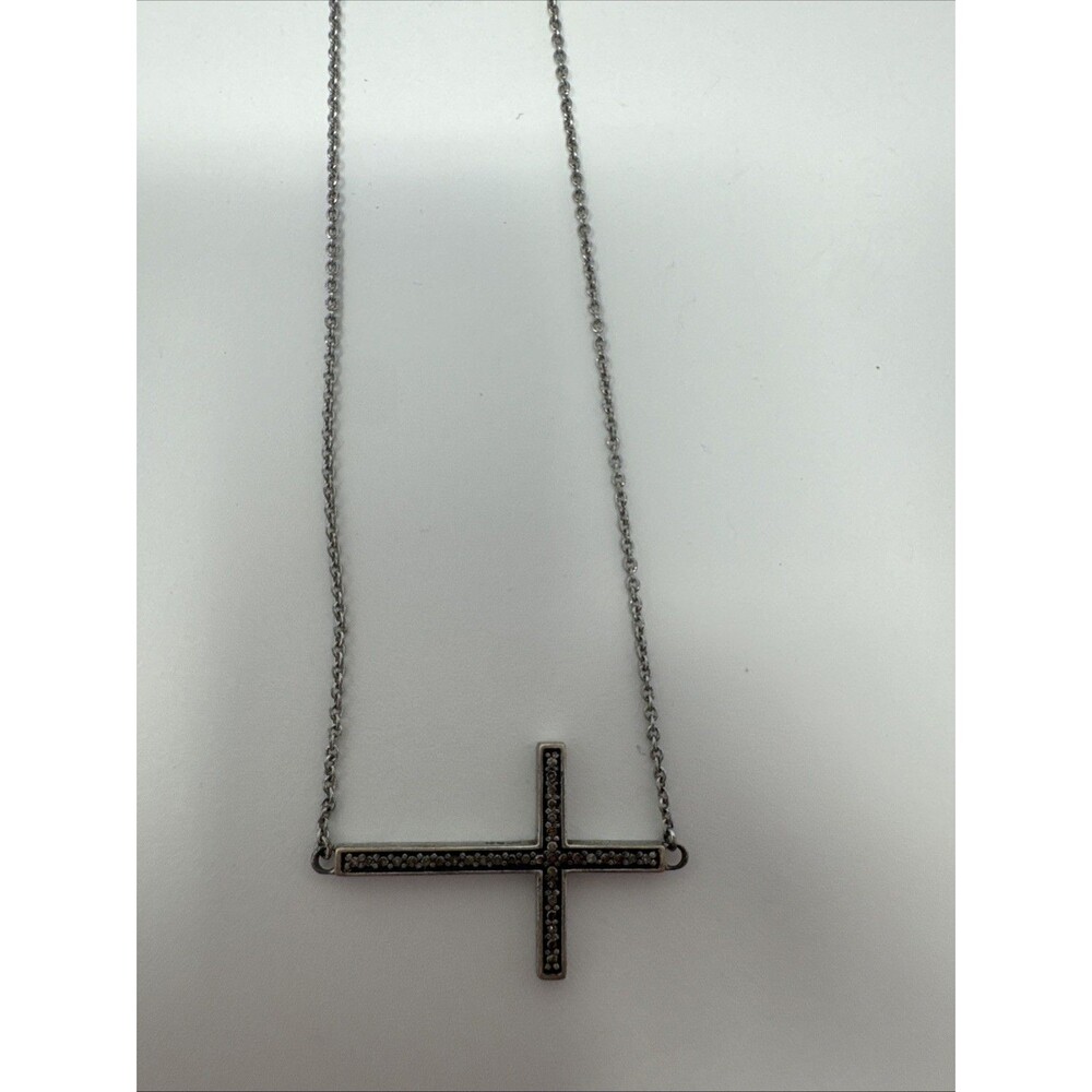 Sterling Silver 925  Sideways Cross & CZ Necklace 16”-17” Beautiful Prayer Gift